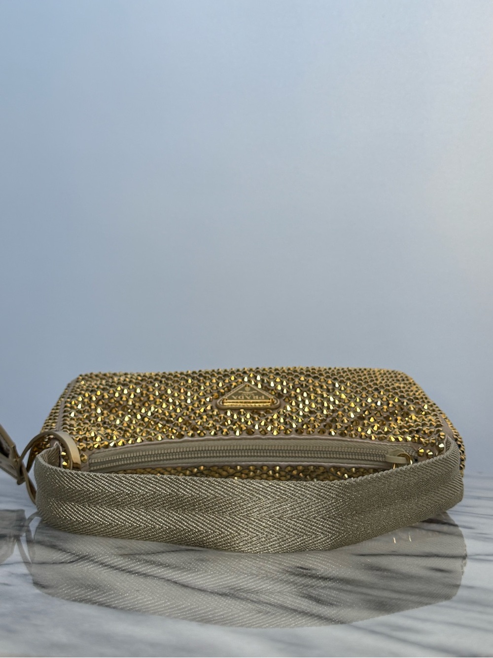 Prada Re-Edition 2000 Hobo Gold Crystal Embellished Satin Mini - Picture 13 of 13